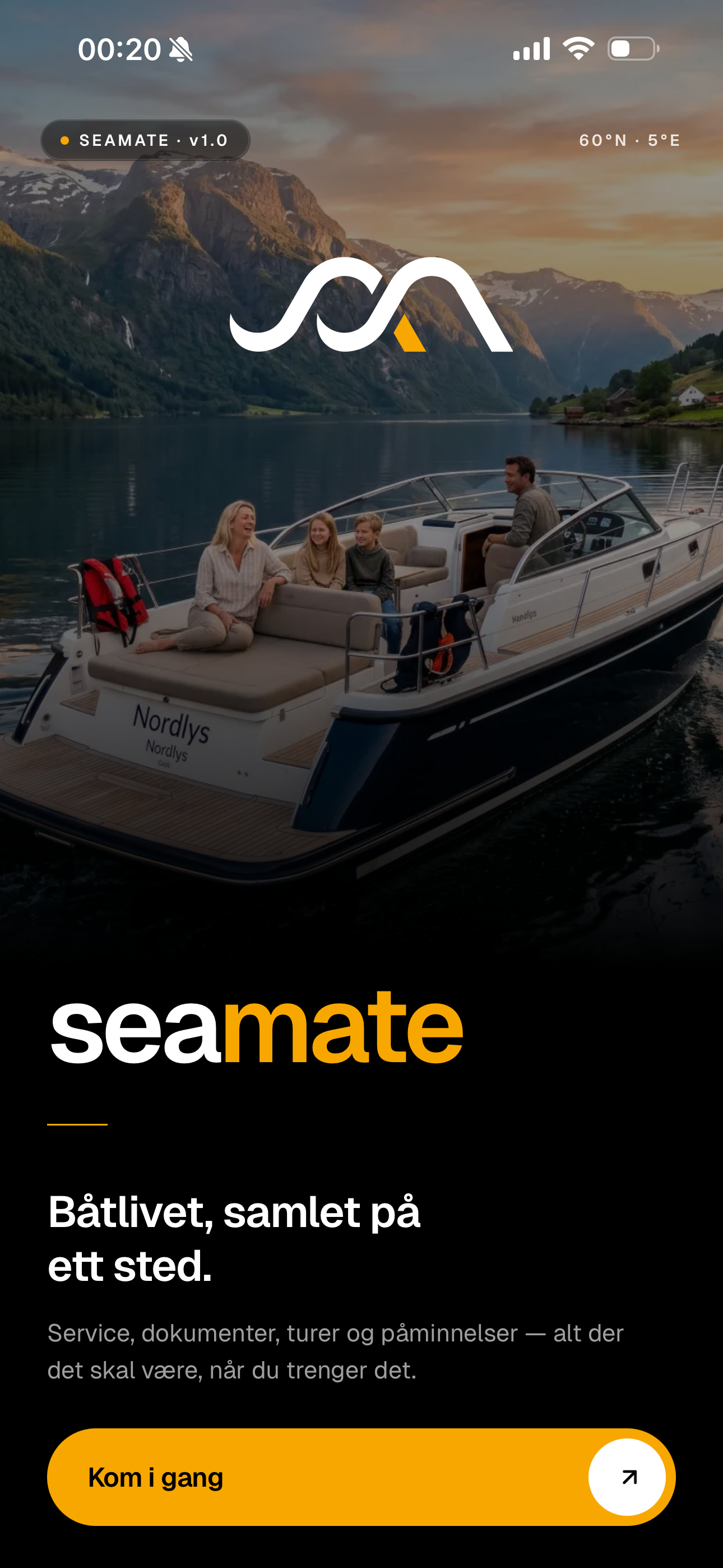 SeaMate-appen — startskjerm med båt og turoversikt